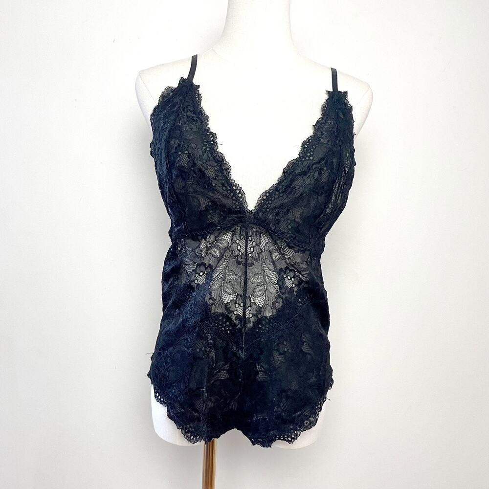 Sheer Black Lace Teddy Bodysuit Sz M Romantic Boudoir Coquette Lingerie - Picture 1 of 6